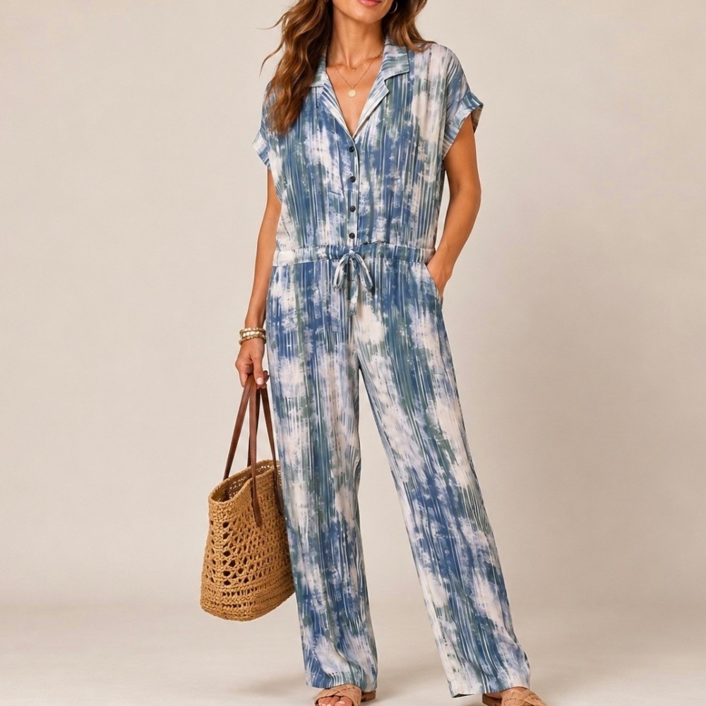 Olivaceous Blue Tie Dye Button Front Jumpsuit M Wide Leg Boho Coastal Summer